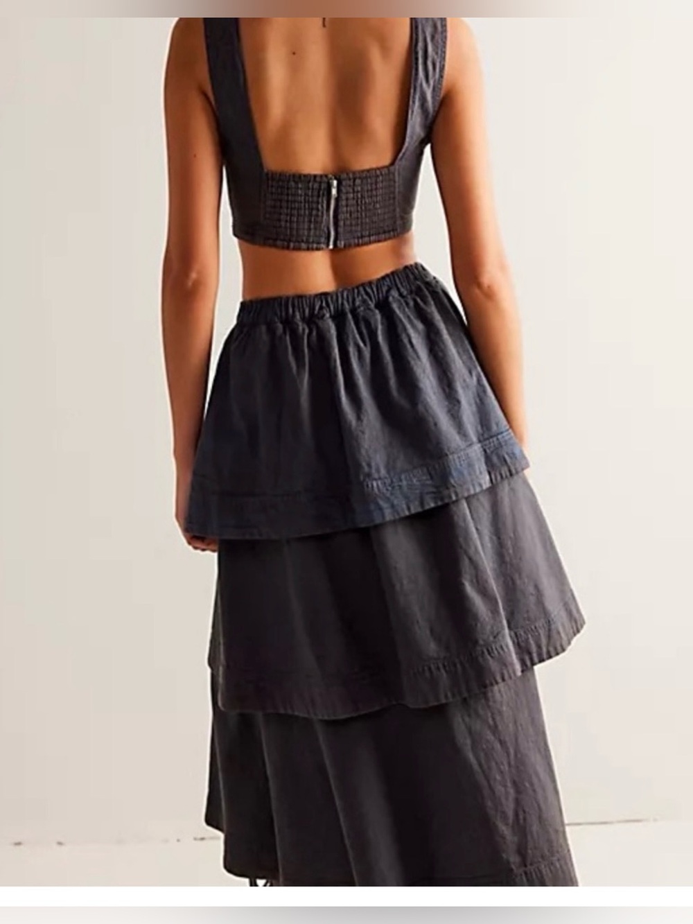 FREE PEOPLE DENIM TOP W/Zipper and Ruffled Skirt in Gray. Size XS.